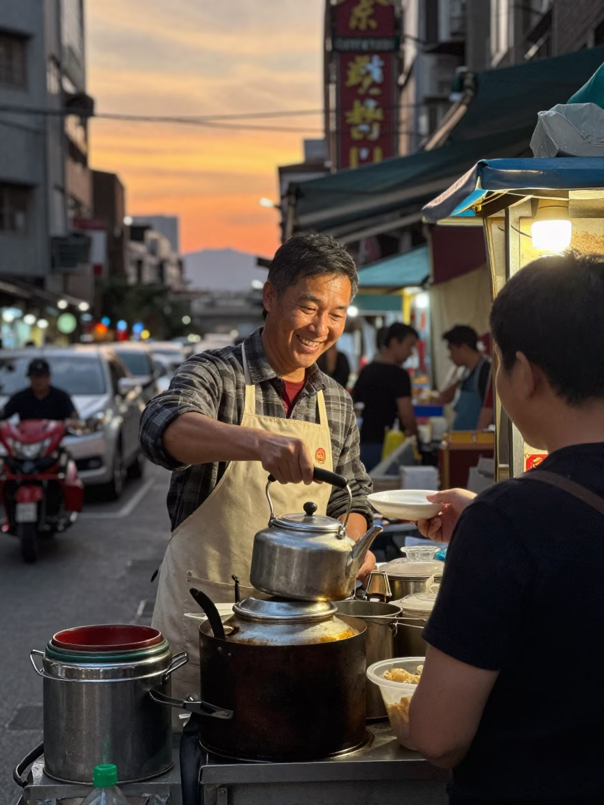 Taiwanese Street Vendor Cooking Kettle at Sunset in Taipei in in Taipei, Taiwan