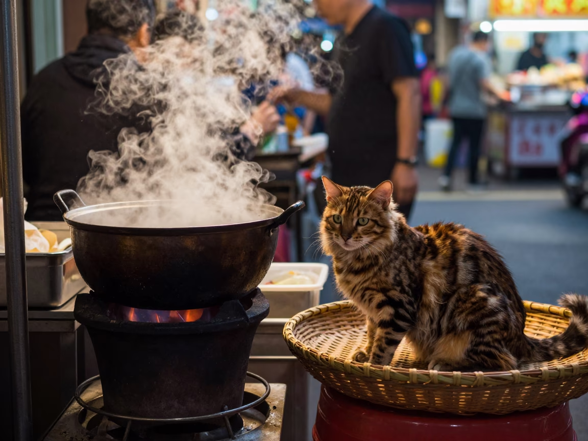 Taiwanese Street Vendor Cooking Pot and Cat in Golden Evening Light in in Taipei, Taiwan