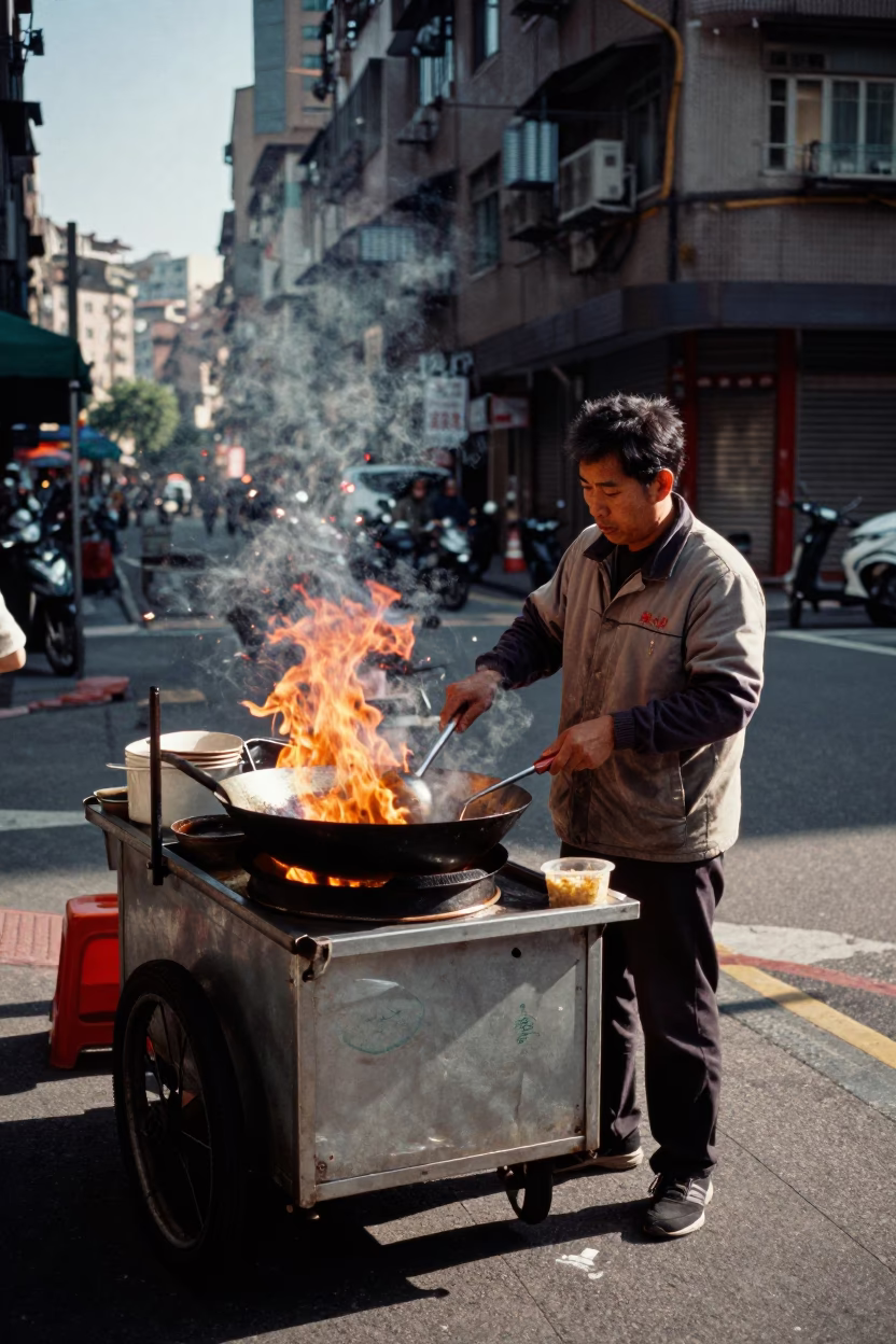 Taiwanese Street Vendor Cooking Woks in Late Afternoon Sunlight in in Taipei, Taiwan