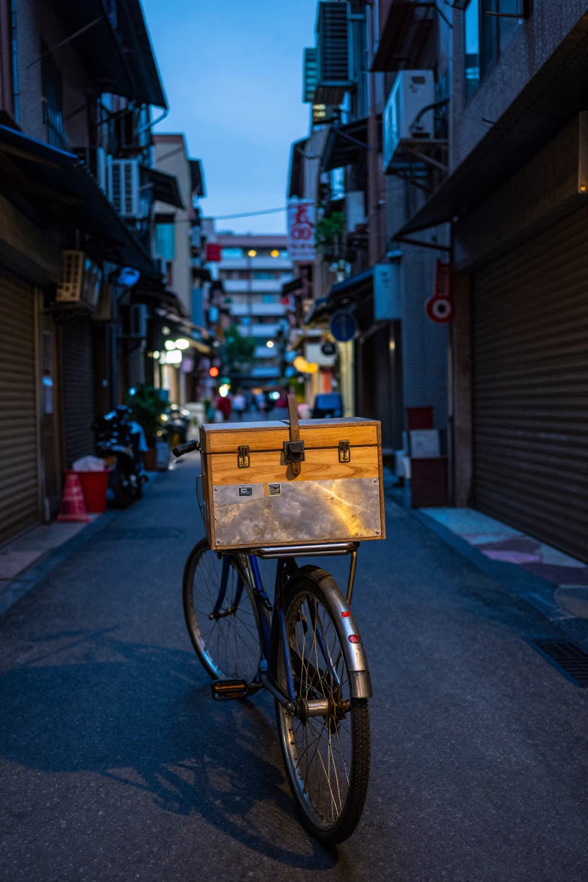 Taiwanese Street Vendor Evening Scene with Bicycle and Toolbox in Taipei in in Taipei, Taiwan