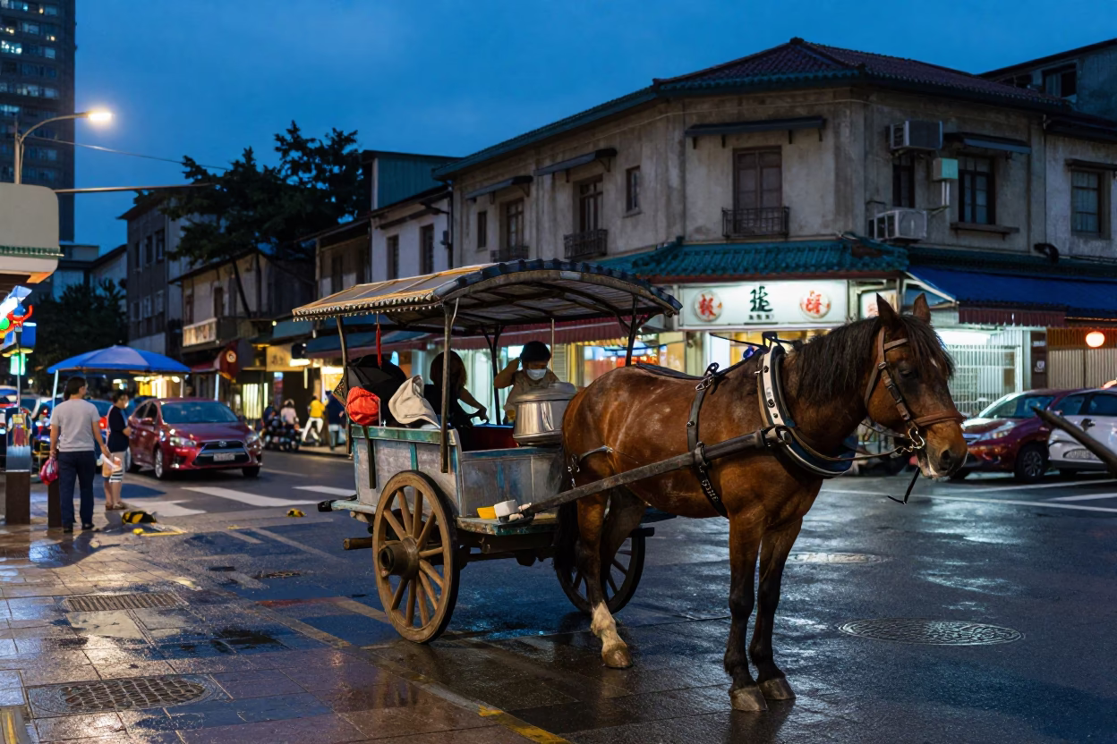 Taiwanese Street Vendor Evening with Horse Drawn Wagon and Fruit Stand in Indigo Twilight in in Taipei, Taiwan