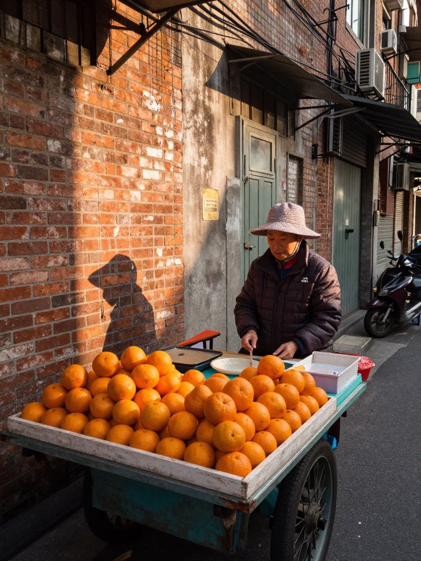 Taiwanese Street Vendor Preparing Fresh Fruit in Late Afternoon Taipei Alleyway in in Taipei, Taiwan