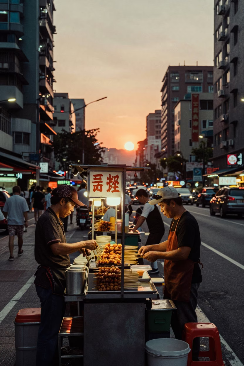 Taiwanese Street Vendor Preparing Night Market Skewers at Sunset with Brooms and Coiled Rope in in Taipei, Taiwan