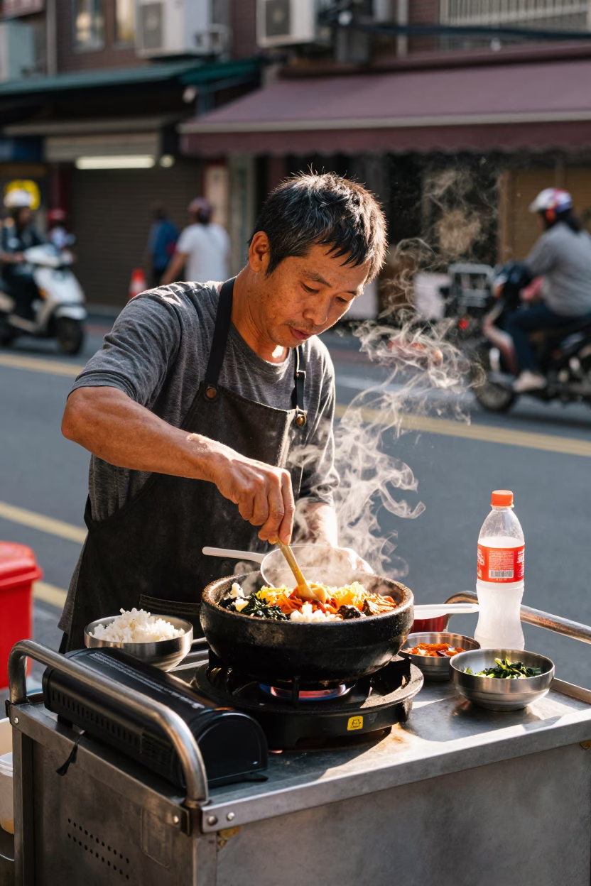 Taiwanese street vendor preparing sizzling dolsot bibimbap in Taipei late morning in in Taipei, Taiwan