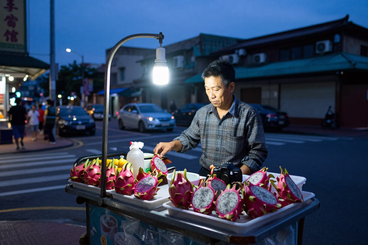 Taiwanese Street Vendor Selling Dragon Fruit in Indigo Twilight Taipei in in Taipei, Taiwan