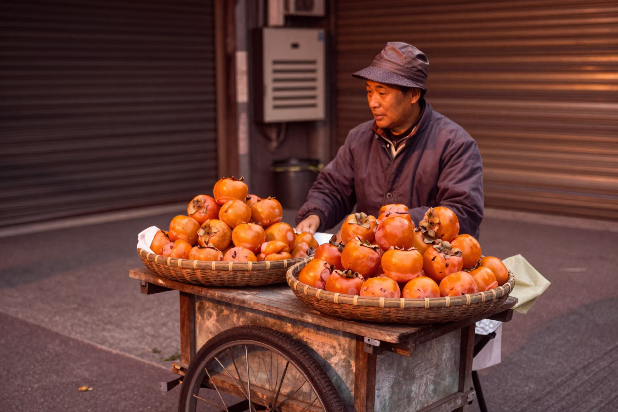 Taiwanese Street Vendor Selling Persimmons in Copper Dusk Light in in Taipei, Taiwan