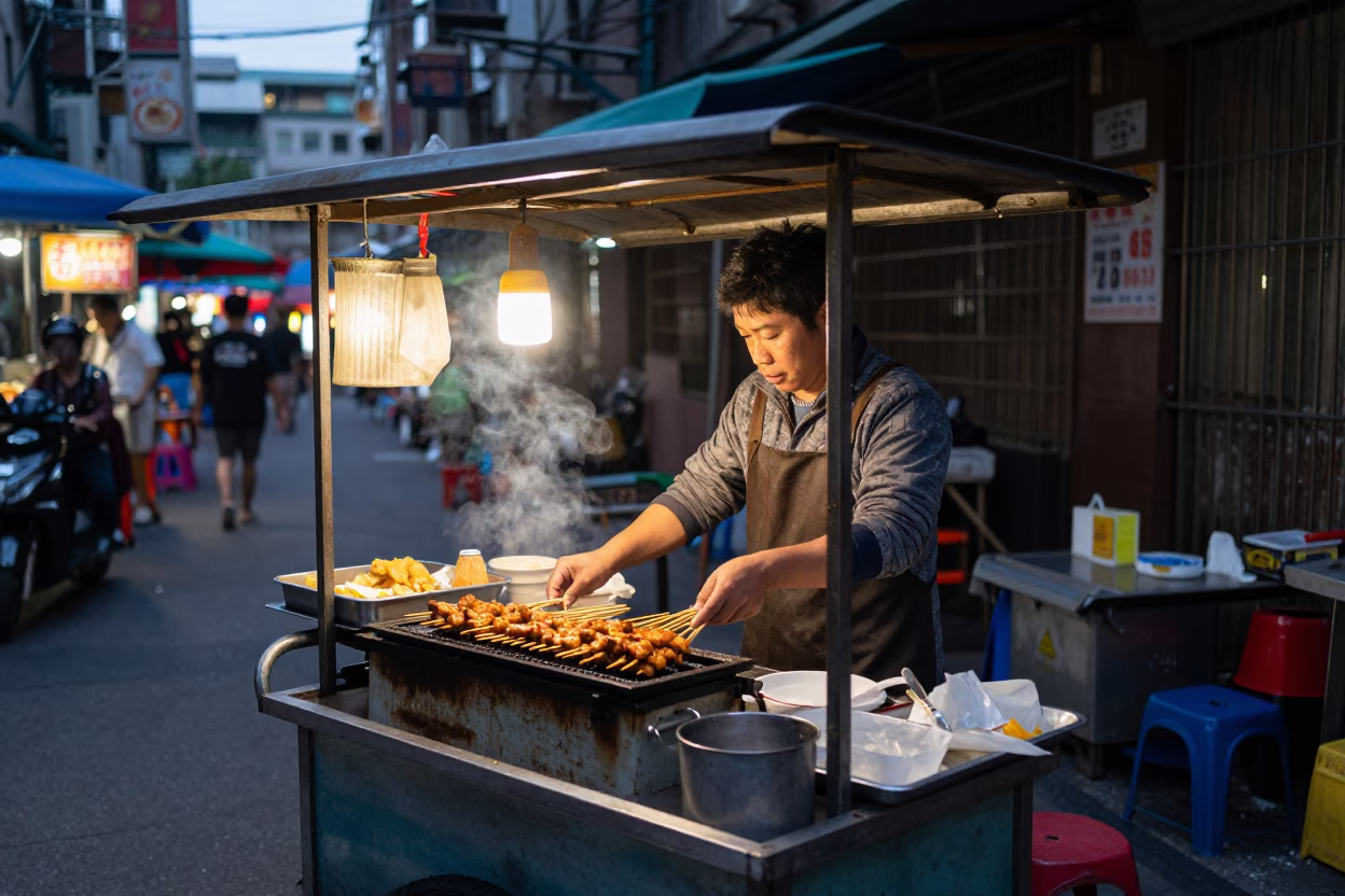 Taiwanese Street Vendor Selling Sate Skewers at Dawn in Taipei Market in in Taipei, Taiwan