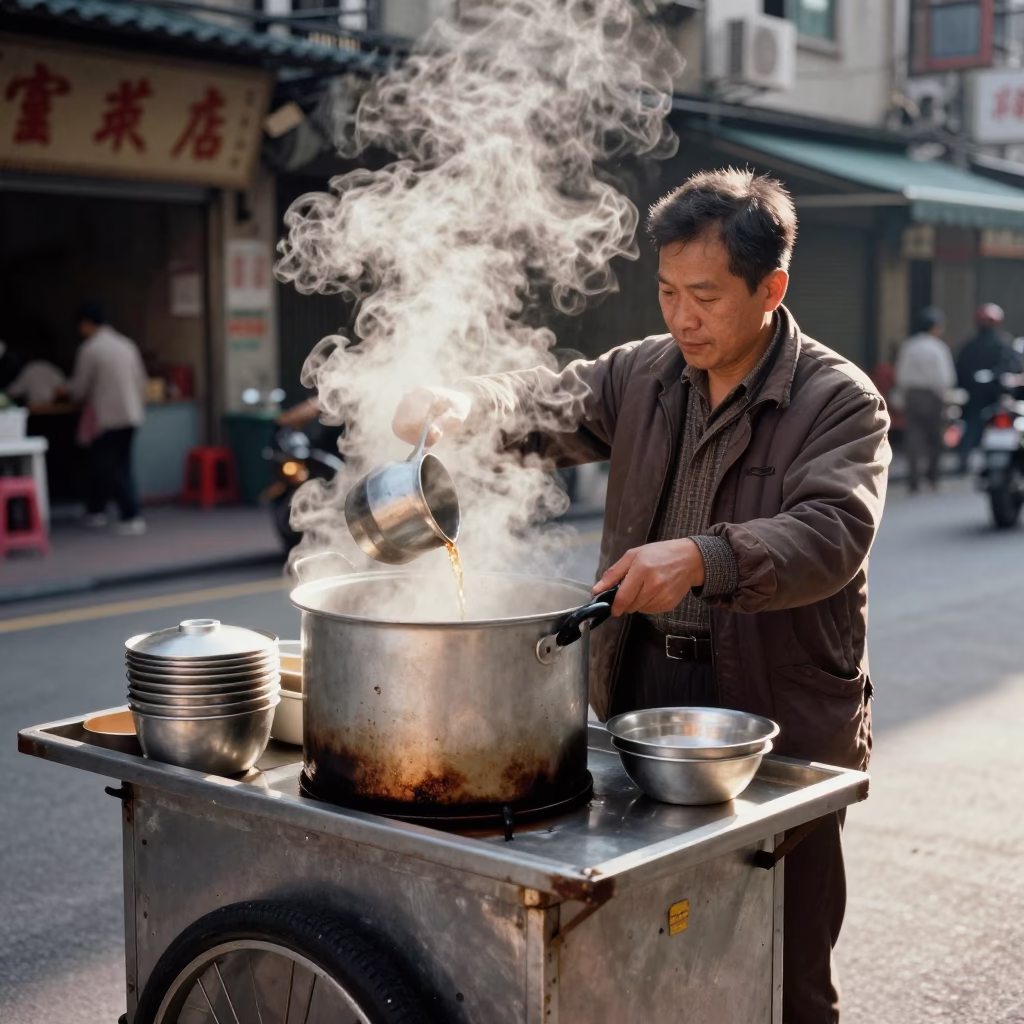 Taiwanese Street Vendor Selling Steaming Tea at Nautical Dawn in Taipei in in Taipei, Taiwan