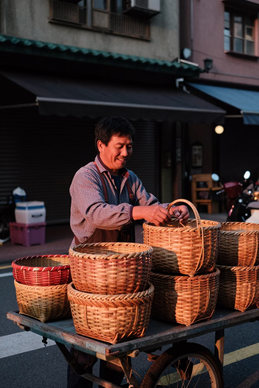 Taiwanese Street Vendor Selling Woven Bamboo Baskets in Taipei Before Dusk in in Taipei, Taiwan