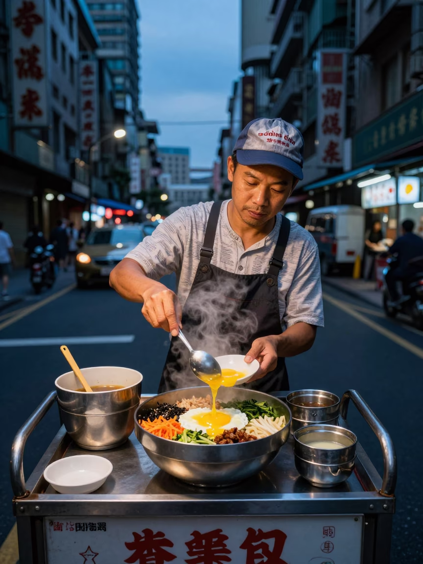 Taiwanese street vendor serving bibimbap with raw egg in Taipei at twilight in in Taipei, Taiwan