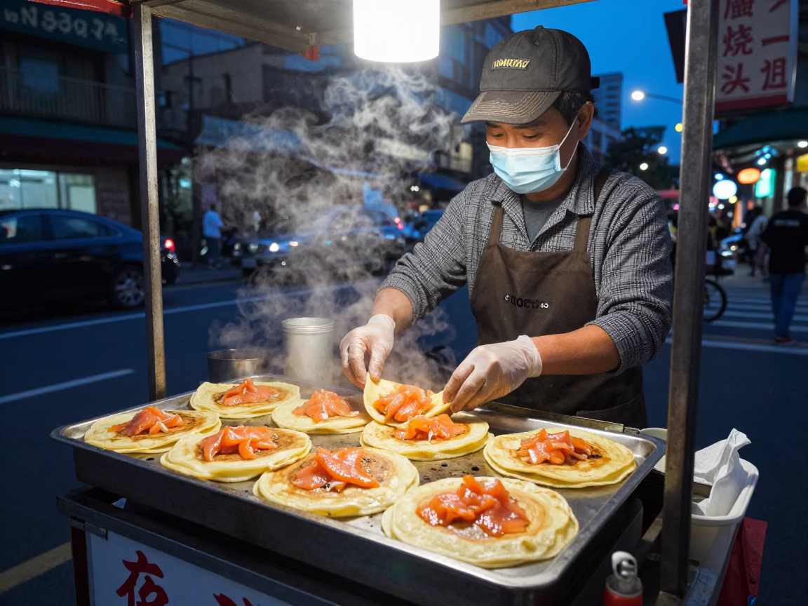 Taiwanese street vendor serving blini with smoked salmon and dill in Taipei twilight in in Taipei, Taiwan