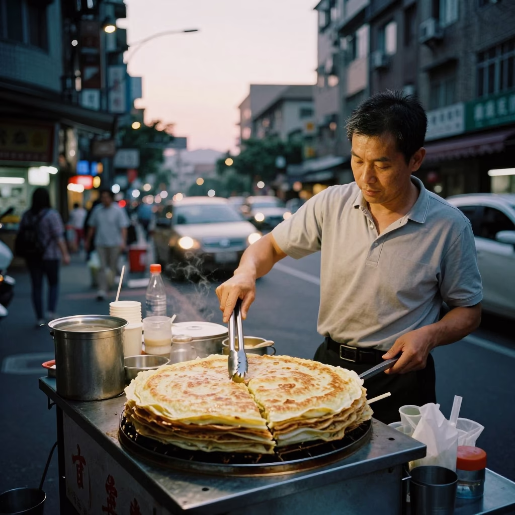Taiwanese street vendor serving breakfast at dawn with traditional tools and steam in in Taipei, Taiwan