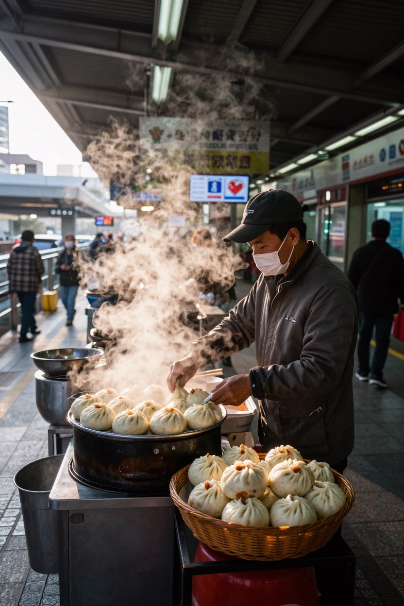 Taiwanese street vendor serving breakfast near Taipei MRT station at dawn in in Taipei, Taiwan