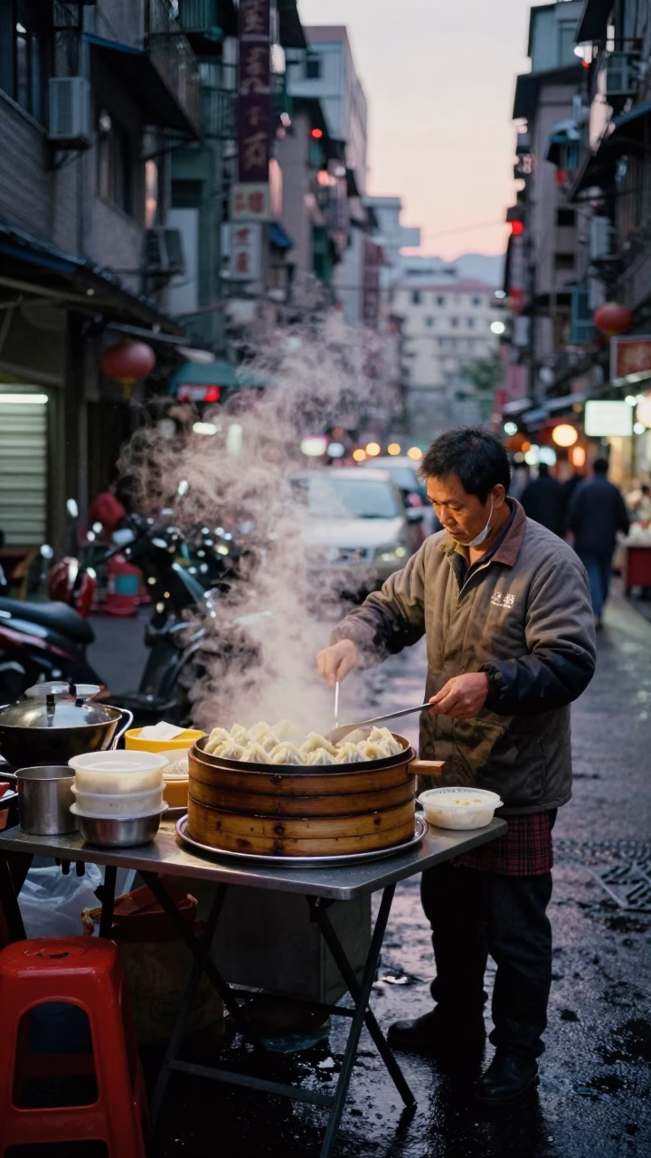 Taiwanese Street Vendor Serving Hot Dumplings at Dawn in Taipei in in Taipei, Taiwan