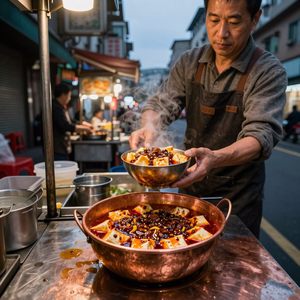 Taiwanese Street Vendor Serving Mapo Tofu in Copper Dusk Light in in Taipei, Taiwan