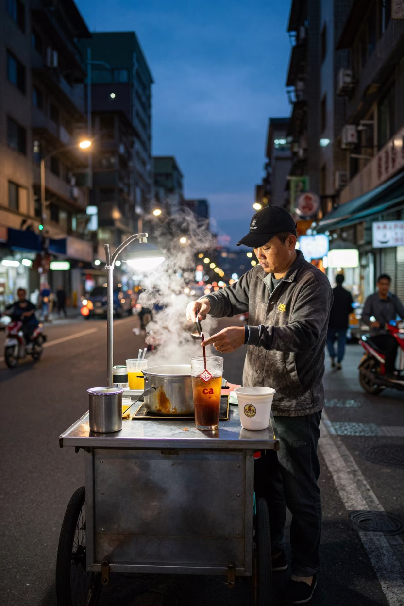 Taiwanese Street Vendor Twilight Scene with Vietnamese Coffee and Wooden Flute in Taipei Market in in Taipei, Taiwan