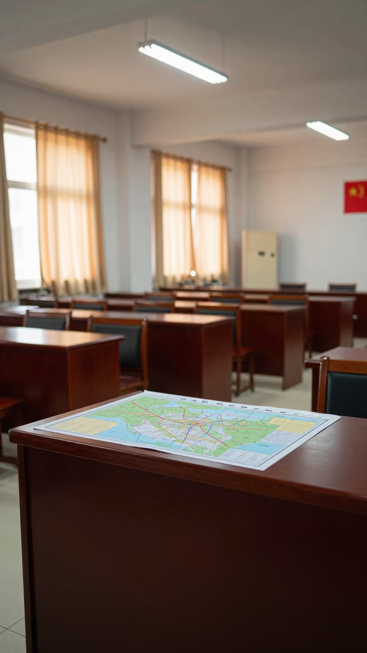 Taiyuan Polling Station Desk with Maps in inside a polling station gymnasium near Taiyuan