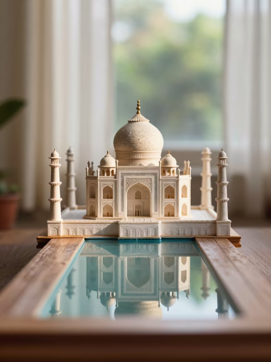 Taj Mahal Display Reflection at Dawn in on a painted display ledge in Vantaa