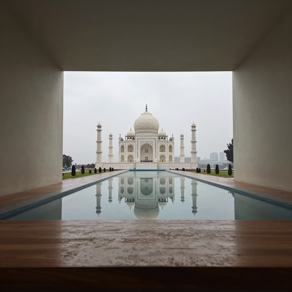 Taj Mahal Reflection in Baku Workbench Dawn in on a wooden workbench in Baku