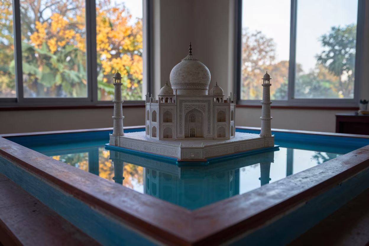 Taj Mahal Reflection on Greenwich Ledge at Dawn in on a painted display ledge near Greenwich Village, New York