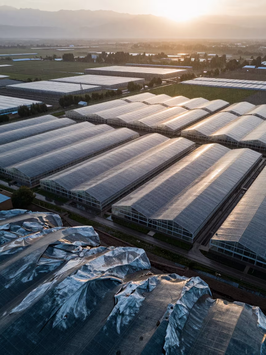Tajik Greenhouse Grids Under Monsoon Dawn in high over greenhouse grids in Tajikistan