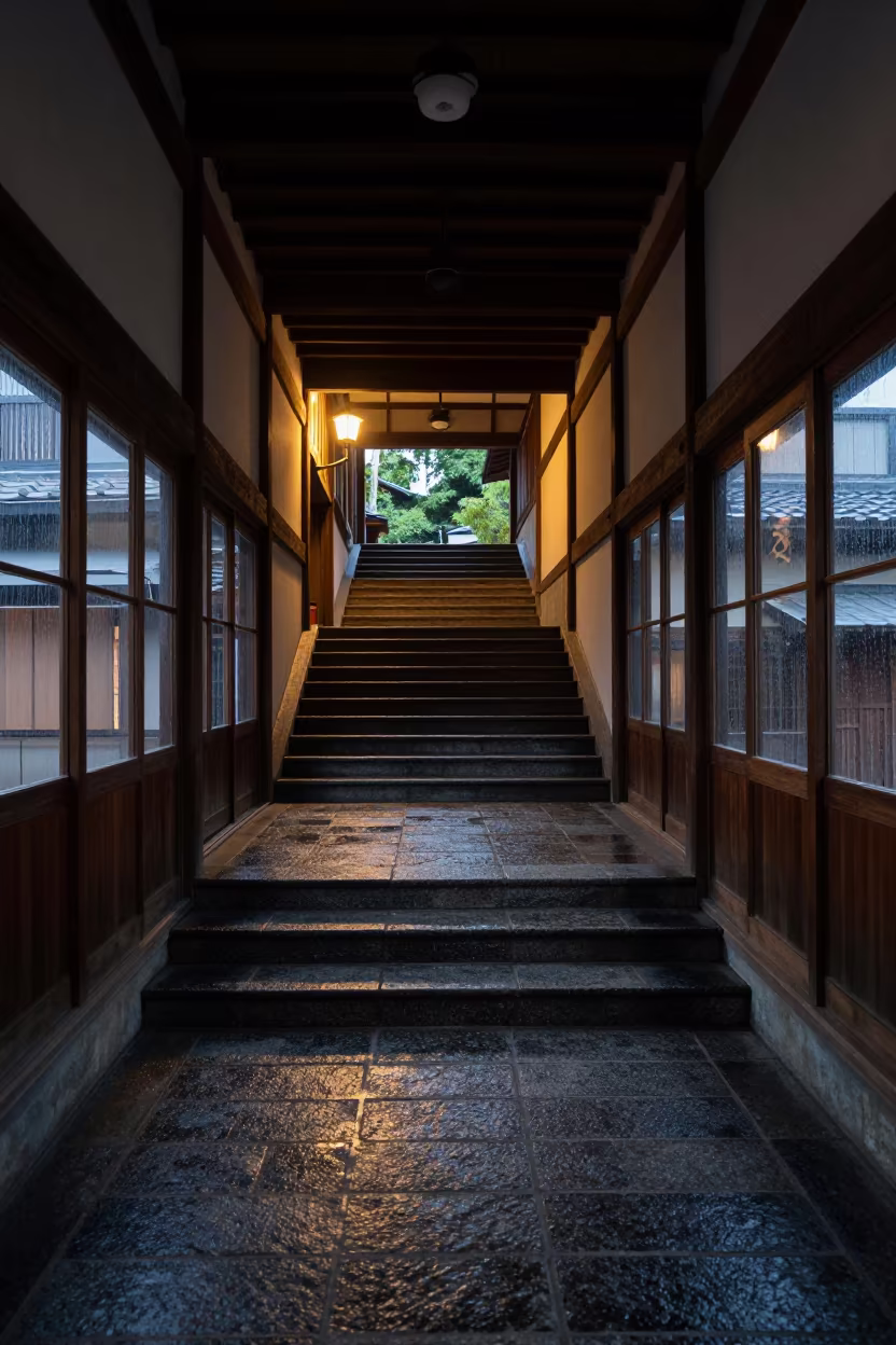 Takayama Tiled Stair Hall Night Storm in inside a tiled stair hall near Takayama