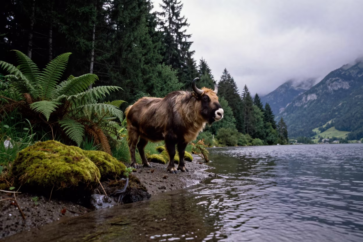 Takin in Austrian Forest Near Water in beside a tidal inlet in Austria