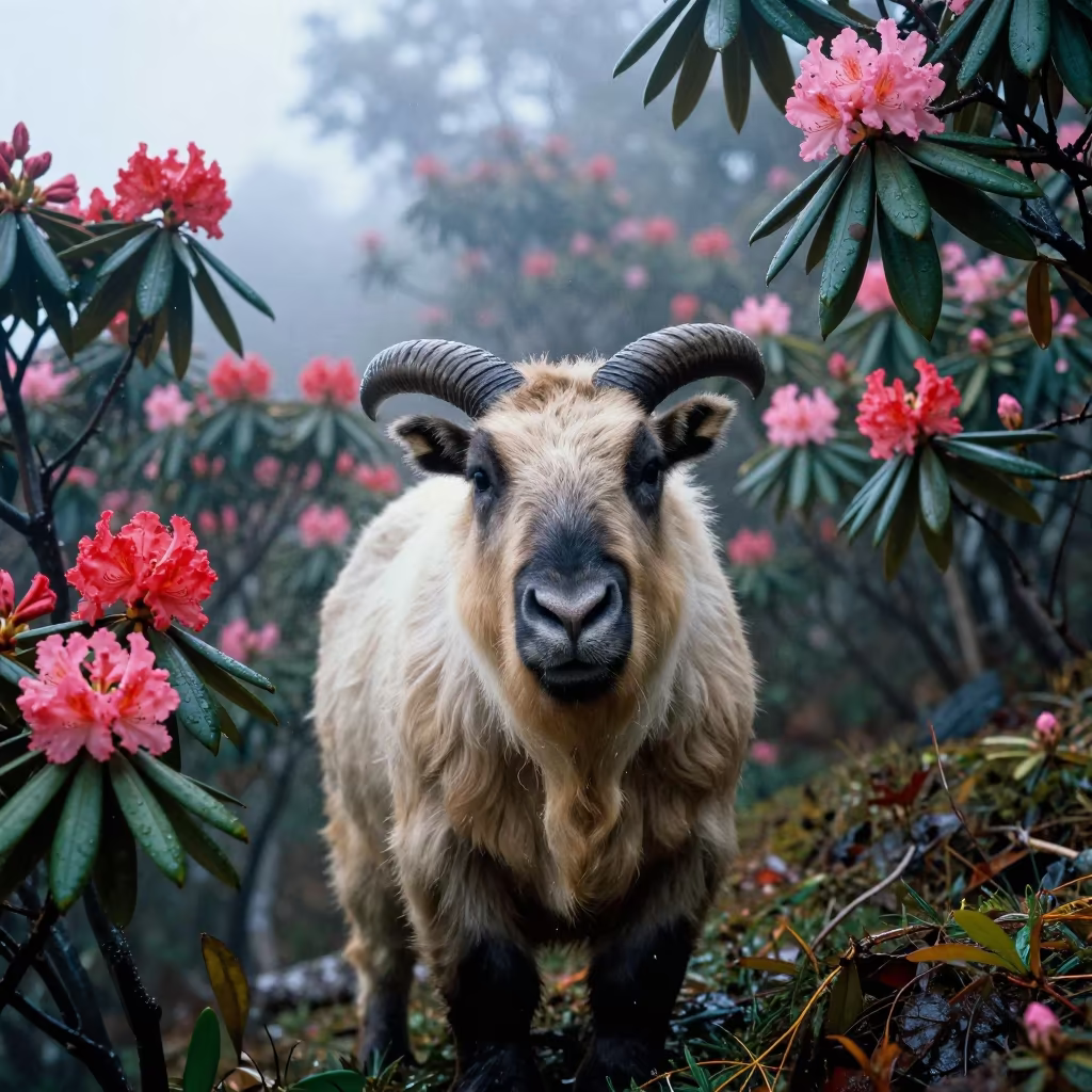 Takin in Mist Among Rhododendrons in near Aba