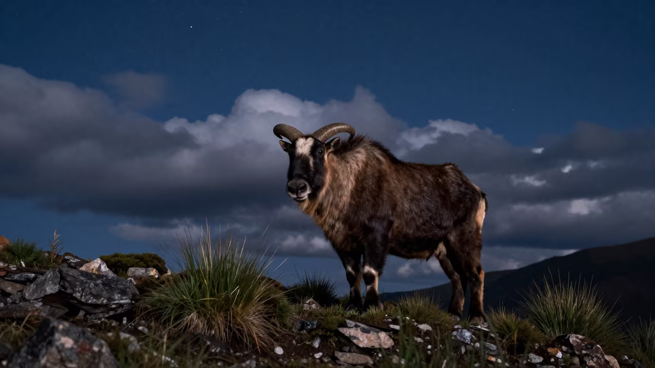 Takin Under Starlight on Wind-Scoured Ridge in on a wind-scoured ridge near Almaty
