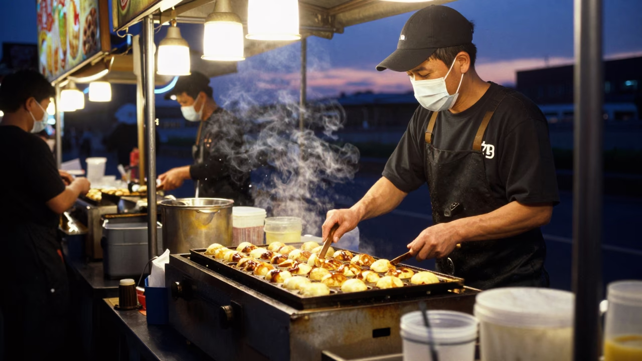 Takoyaki Grill in Taipei at Indigo Twilight After Sunset in in Taipei, Taiwan