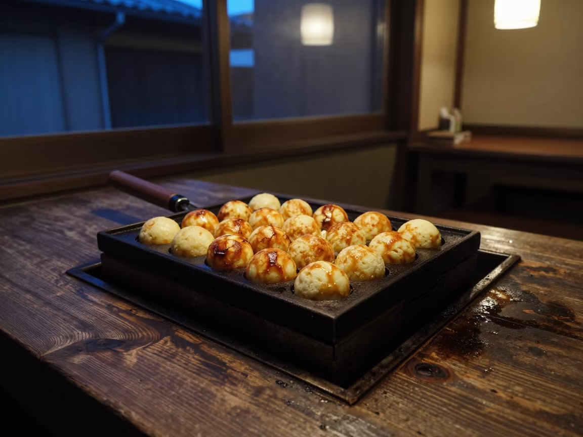 Takoyaki Grill Turning at Kanazawa Twilight in on a weathered outdoor table in Kanazawa