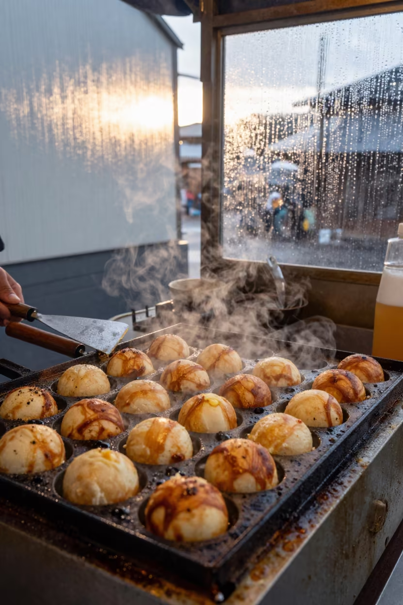 Takoyaki Sizzling on Kanazawa Street Cart Grill in at a street-food cart counter in Kanazawa