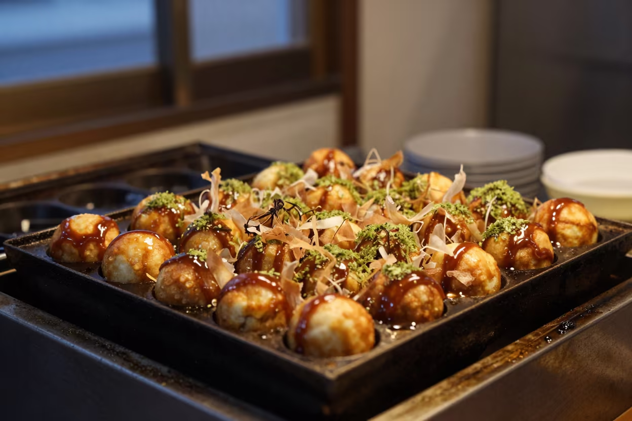 Takoyaki Tray Drizzled With Sauce in at a street-food cart counter in Nara