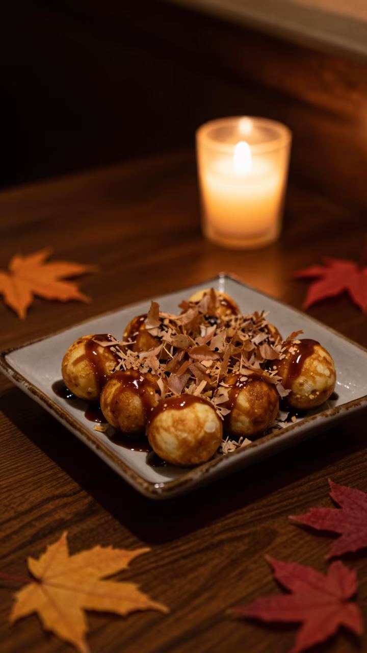 Takoyaki Tray with Sauce in Kyoto Diner in at a roadside diner table in Kyoto