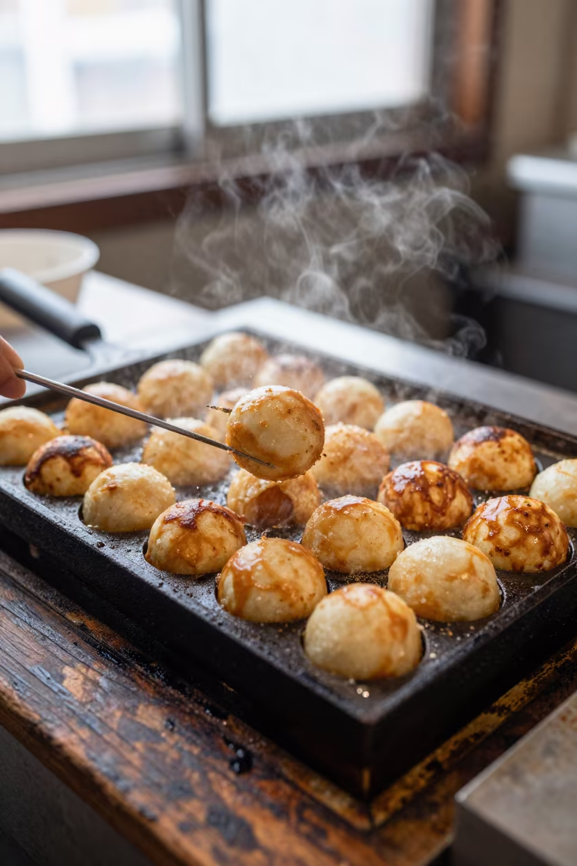 Takoyaki Turning on Grill in Osaka Afternoon in on a weathered outdoor table in Osaka