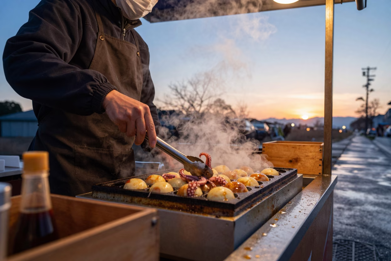 Takoyaki Vendor Dawn Market Low Angle in in Japan