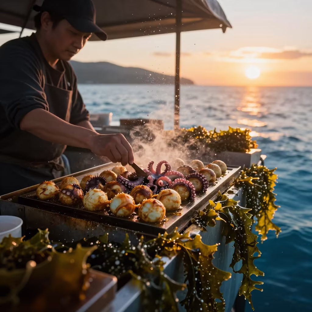 Takoyaki Vendor on Kelp Shelf at Sunset in along a kelp-fringed shelf near Osaka