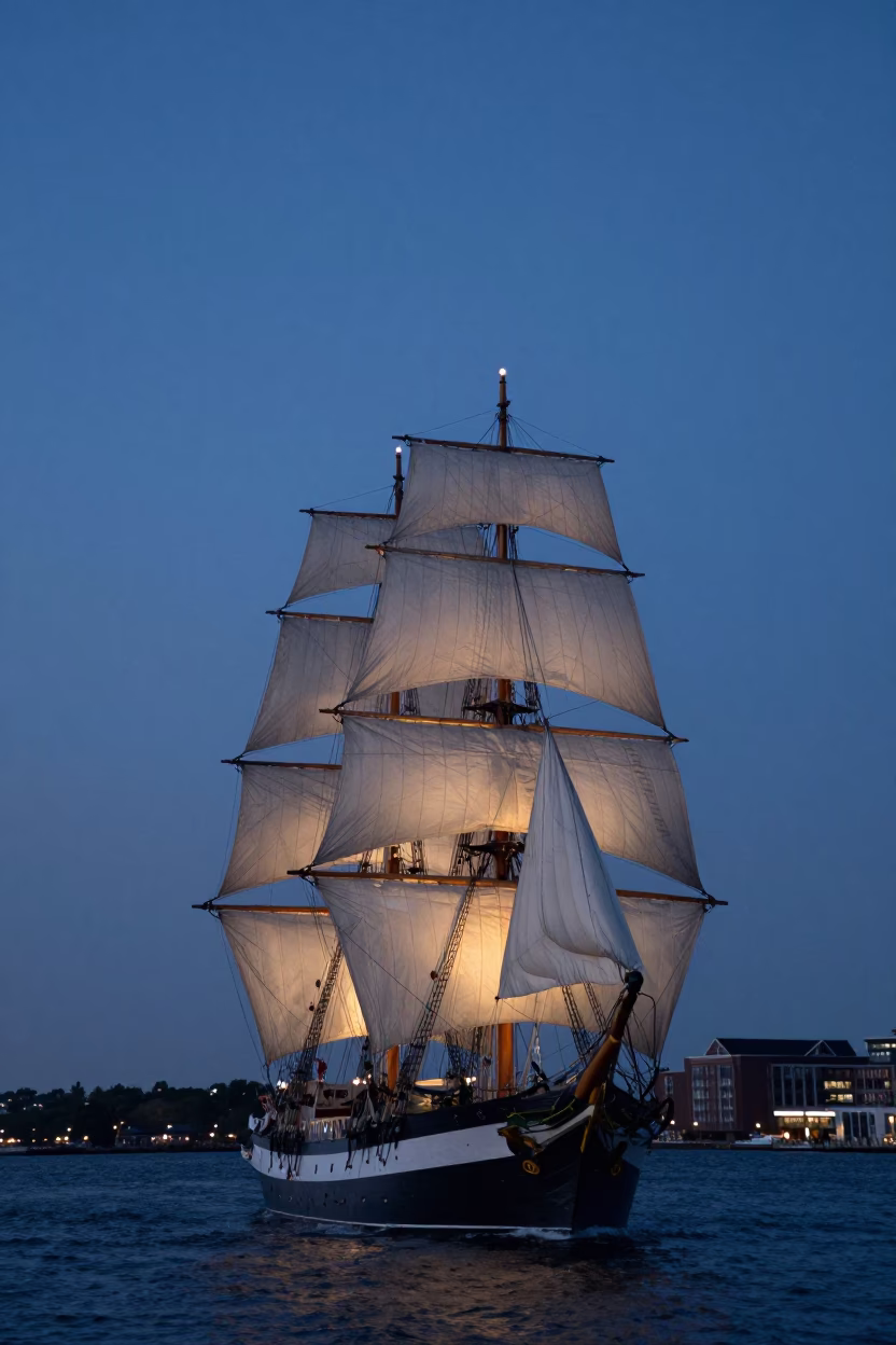 Tall Ship at The Still Hours Before Dawn Light in Boston in in Boston, Massachusetts, United States
