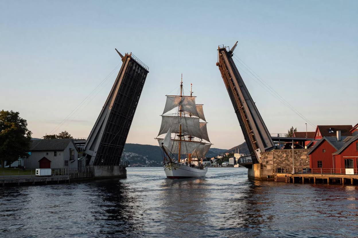 Tall Ship in Bergen at The Late Afternoon Light in in Bergen, Norway