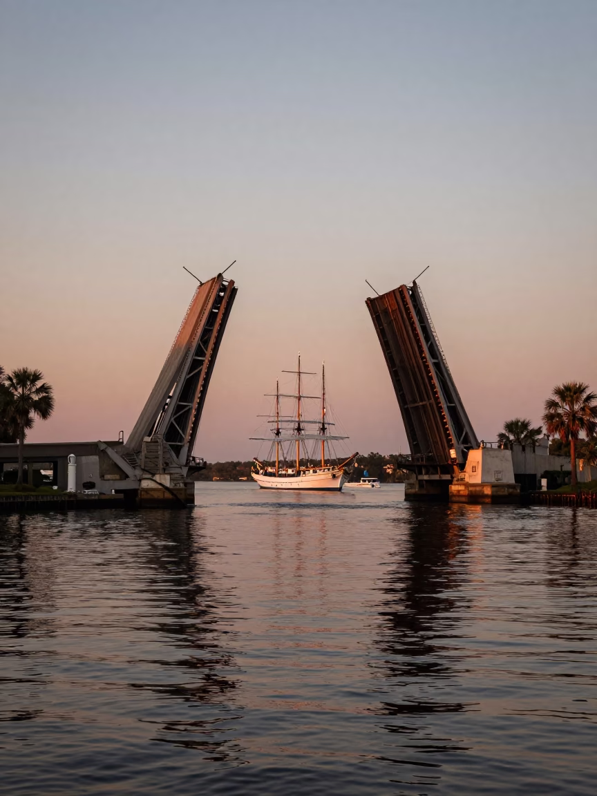 Tall Ship in Charleston at Copper-toned Light Before Dusk in in Charleston, South Carolina, United States