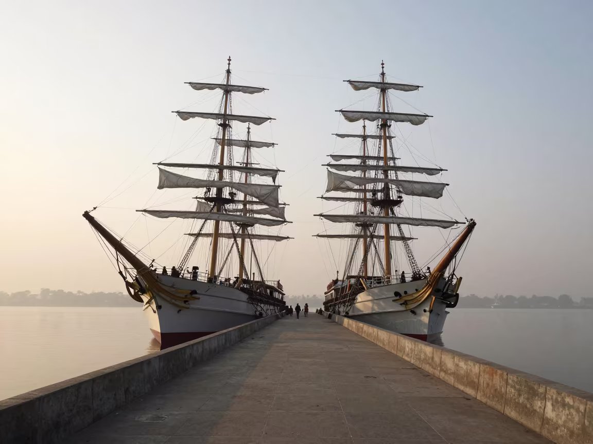 Tall Ship Raising Drawbridge Dawn Fog Ludhiana in along a bridge maintenance walkway in Ludhiana