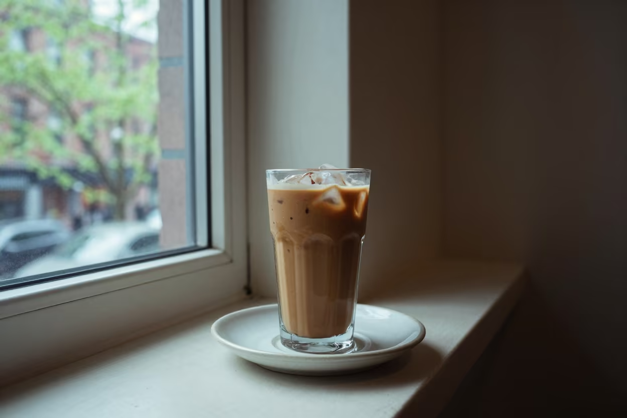 Tall Vietnamese Iced Coffee Glass by Window in on a ceramic plate by a window in Dumbo, New York