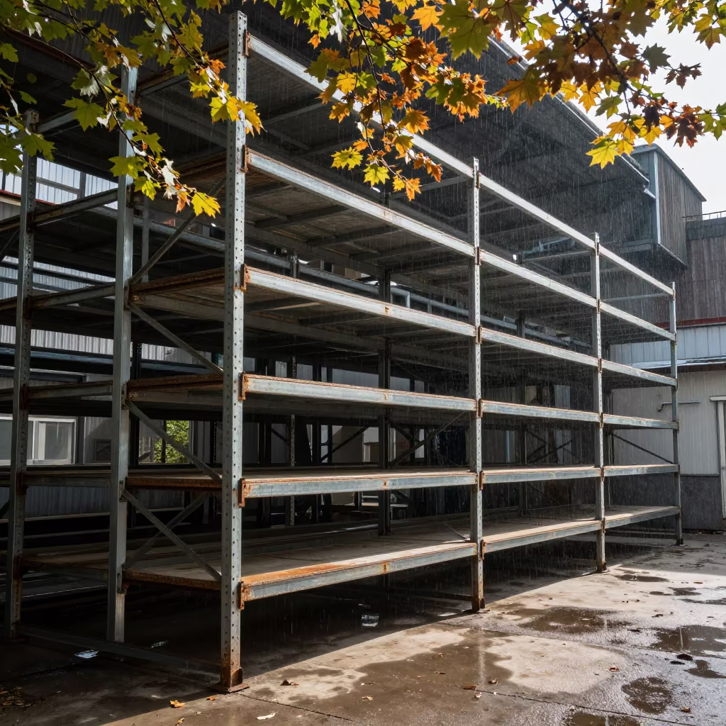 Tall Warehouse Shelving in Dappled Light in in a welding bay near Vilnius