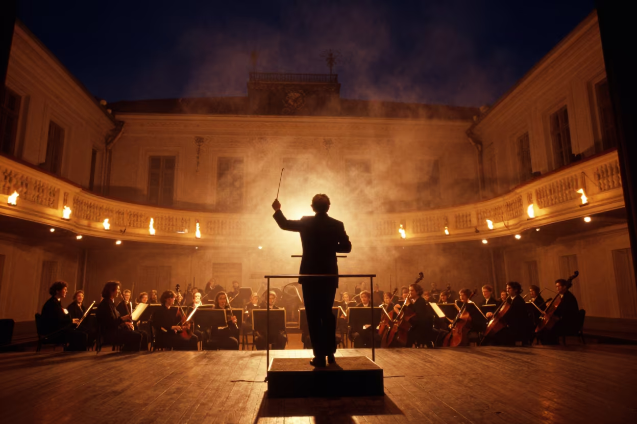 Tallinn Conductor Raises Baton Under Firelight Haze in on a theater stage in Tallinn