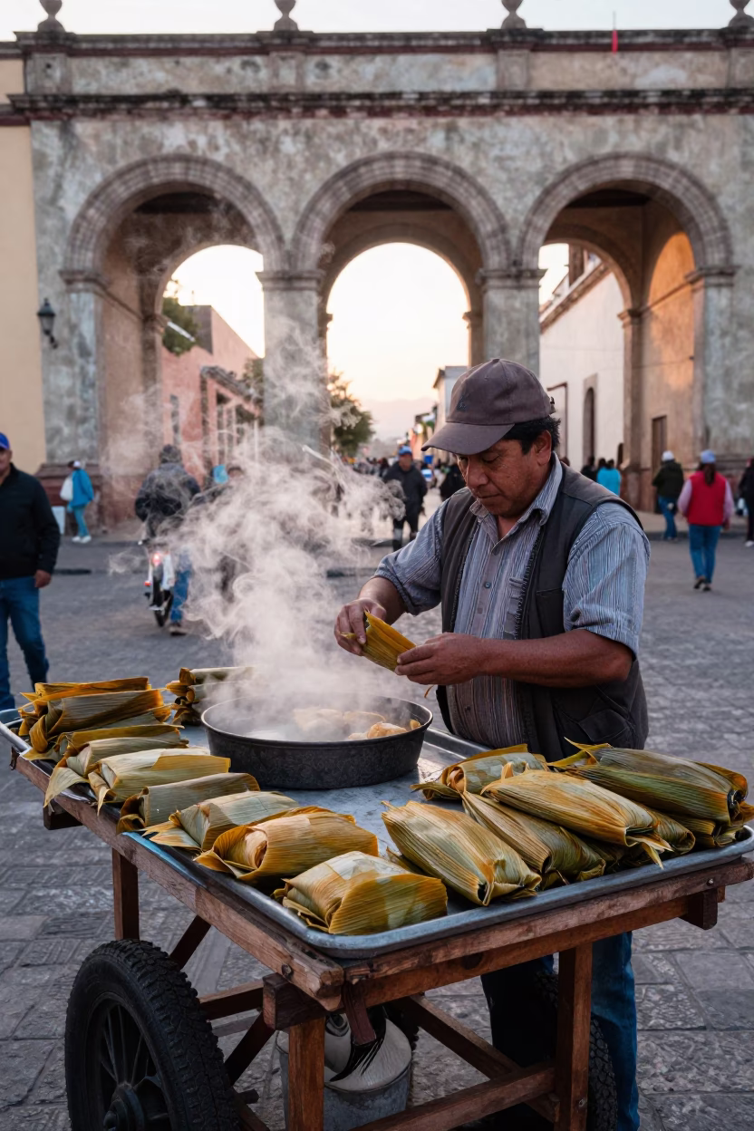 Tamales Wrapped in Oaxaca at As First Light Reaches The Scene in in Oaxaca, Mexico