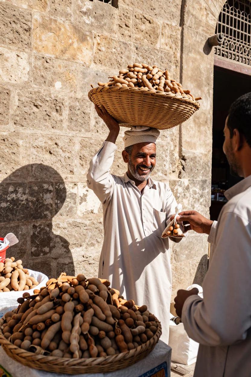 Tamarind Pods in Cairo at Bright Midmorning Light in in Cairo, Egypt