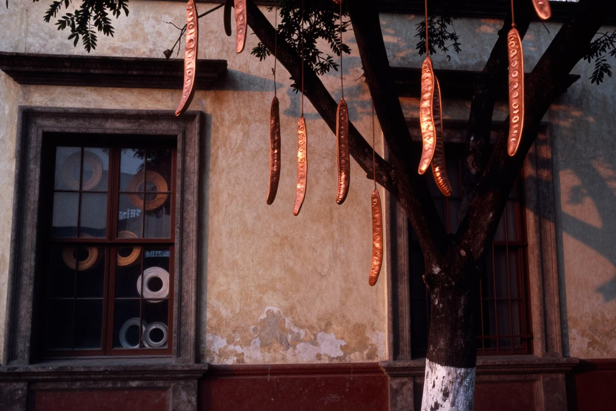 Tamarind Tree Hanging Pods and Mineral Rings in Mexico City Before Dusk Copper Light in in Mexico City, Mexico