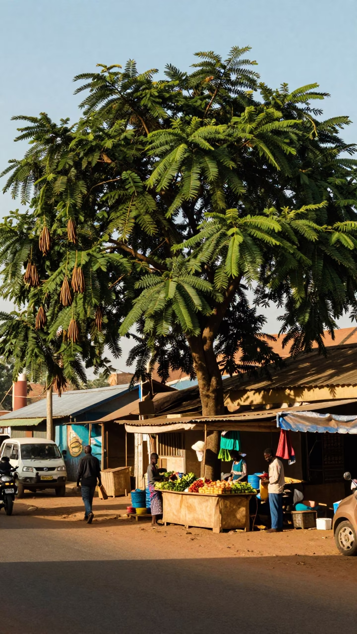 Tamarind Tree in Accra Ghana Late Afternoon Light with Local Street Scene in in Accra, Ghana