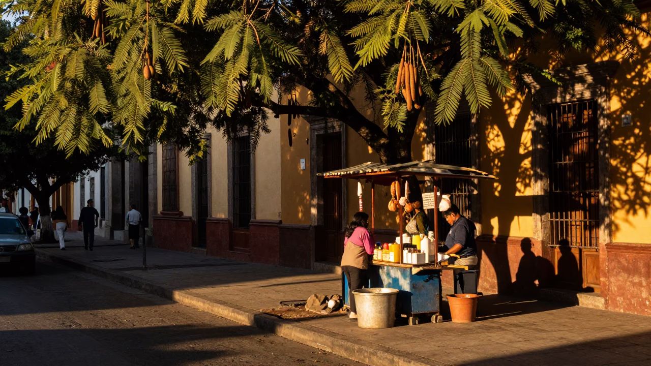 Tamarind Tree Shadow and Street Vendor Stall in Mexico City Evening Light in in Mexico City, Mexico