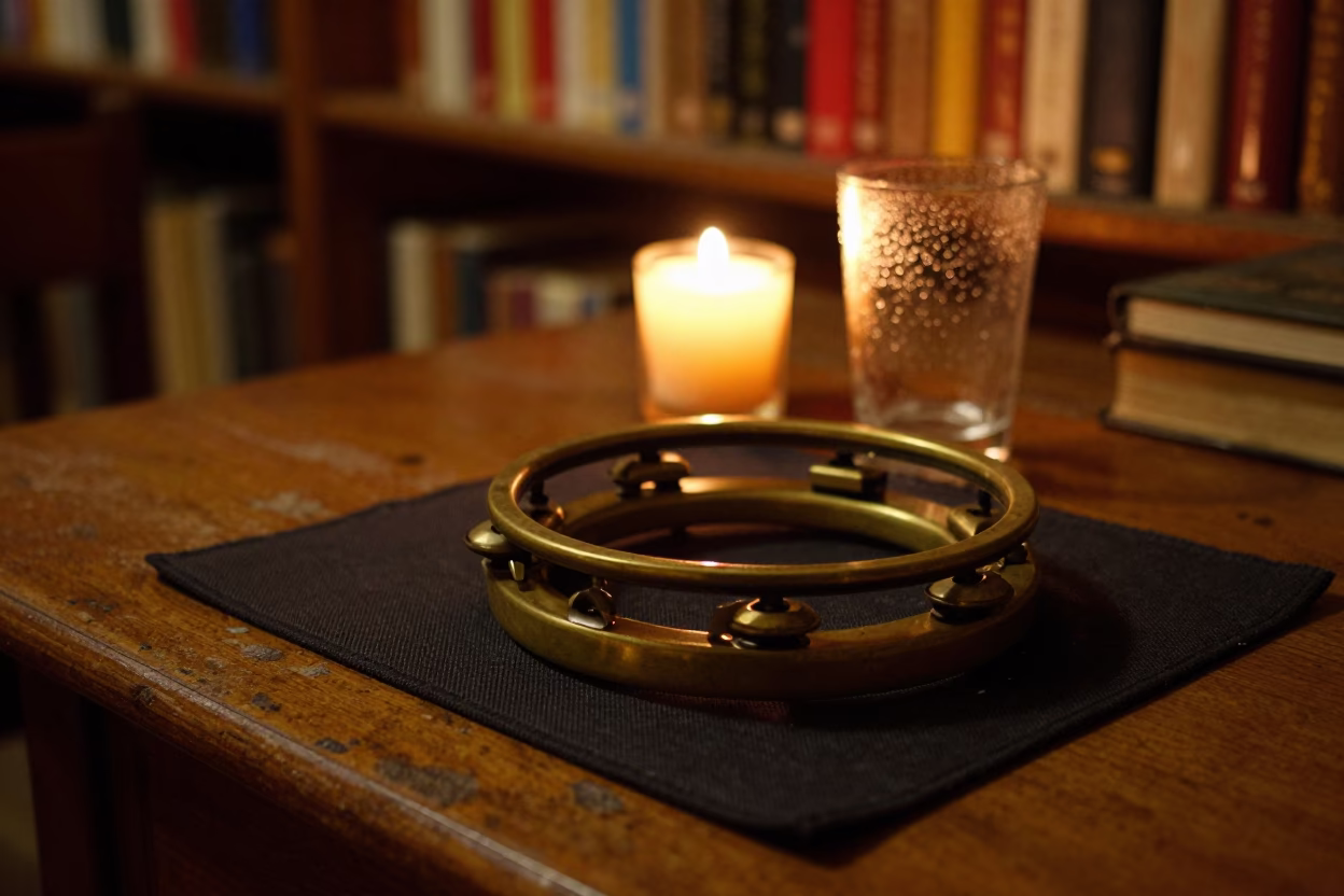 Tambourine on Dusty Library Table in Harbin in on a dusty library table in Harbin